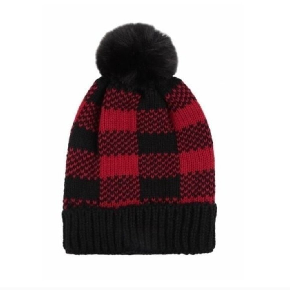 Buffalo Plaid Knit Beanie Hat With Faux Fur Pom-NEW